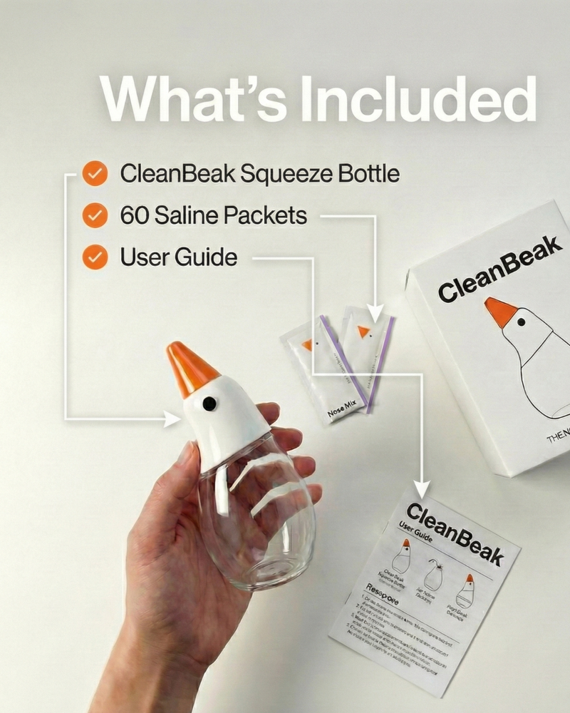 The CleanBeak Kit (Bottle + 60 saline packets)